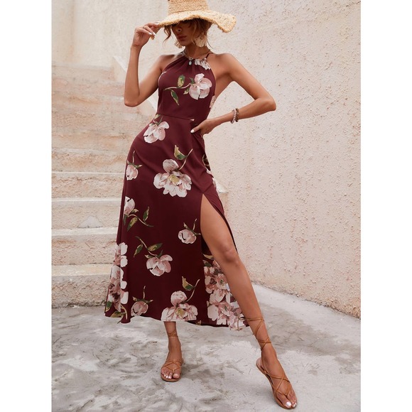 Boho Floral Print Halter Neck Thigh Slit Midi Dress black pink - Picture 9 of 10
